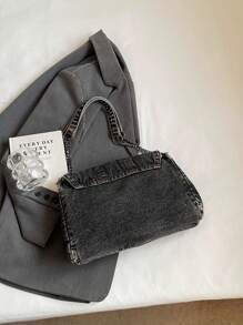 Bolso de hombro de moda callejera para mujer, bolso versátil de tela cruzado con cadena, bolso con gran capacidad de unicolor lavado, bolso de mano casual sencillo - Negro - Ver 10