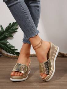 Women's Fashion Thick Bottom Wedge Sandals, Super Lightweight Polyurethane Soles Open Toe Slip-On Casual Outdoor Holiday Party Slippers, Perfect Choice - Gold - View 3
