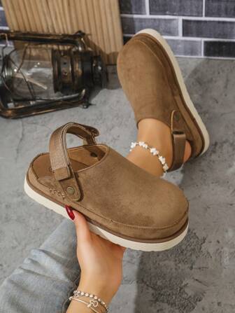 Plus Size Women's Fashion Slip-On Slippers, Thick Double Layer Sole, Neutral Style, European-American Versatile Suede Material, Lightweight & Easy Wear Closed Toe Sandals