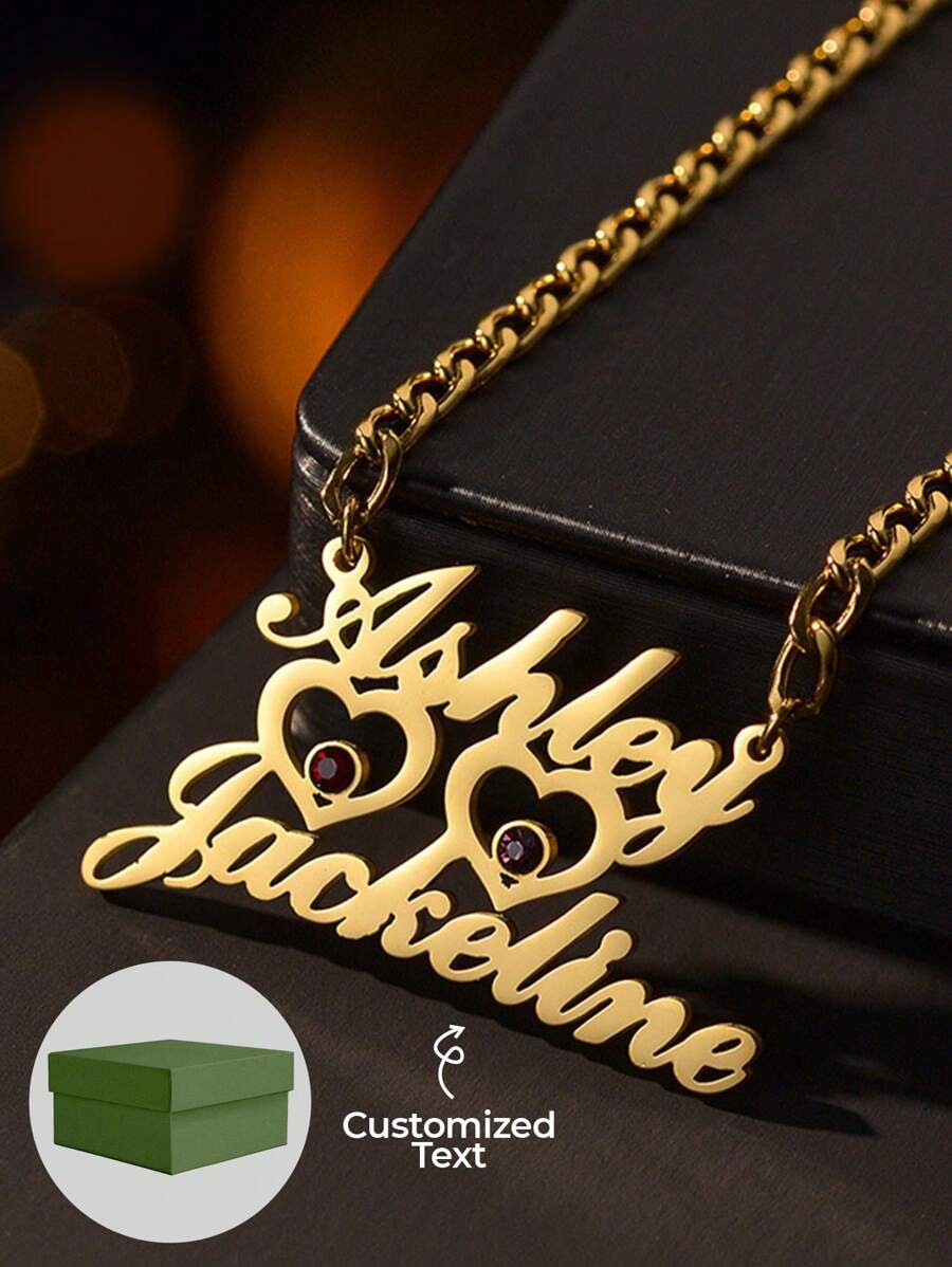 1 件 18k 金定制不锈钢首饰，新款不锈钢 DIY 双名字字母项链简约空心心形吊坠配钻石项链，NK 项链，含精美礼盒，情人节礼物 - 金色 - 查看 1