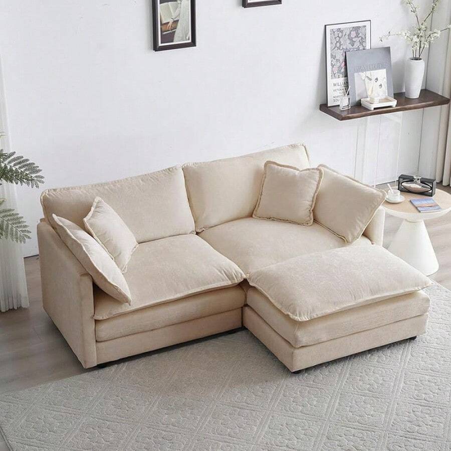 Deep Seat Sectional Sofa Cloud Couch With Ottoman, 76.7" Modern Chenille Comfy Upholstered Modular Sofa L Shaped Couch For Living Room, Apartment, Studio, Office(Green). - 駝色 - 查看 1