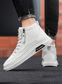 Herenmode High-Top Skateschoenen, Casual Sport Enkellaarsjes, Effen Kleur Minimalistisch, Vetersluiting Rits Decor, Ronde Neus, Geschikt Voor Dagelijks Buiten Wandelen