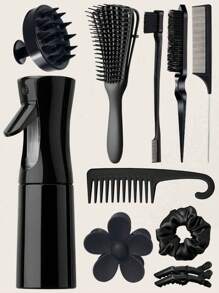 11pcs Hair Brush Set, Hair Brushes For Women Wet Dry All Hair Detangling Parting Styling, 200ml Continuous Spray Bottle, Premium Wide Tooth Comb, Scalp Massager Shampoo Brush, Brush Set With Detangler Brush, Edge Brush, Teasing Brush, Rat Tail Comb, Flower Hair Clip, 2 Alligator Hair Clips And Hair Tie