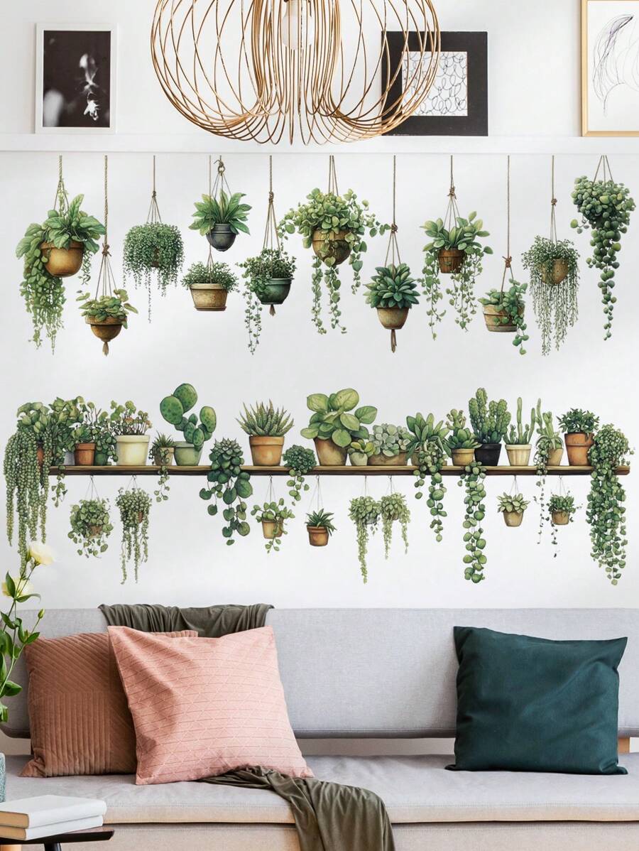 2 pièces Série végétale - Stickers muraux de mini paniers à suspendre simples et frais, décorations pour salon et chambre à coucher, cadeaux d'anniversaire et de remise des diplômes, stickers personnalisés - Vert - Voir 1