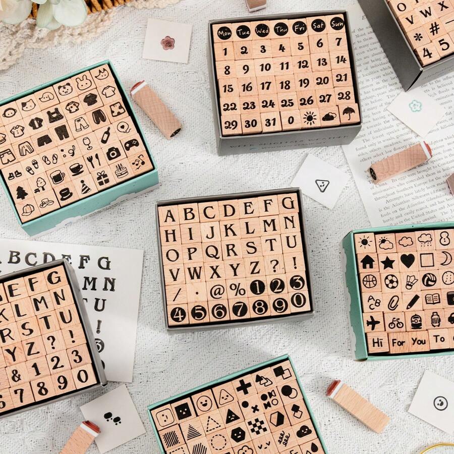 42 Pcs Beechwood Wooden Stamps, Digits, Letters, Geometric Shapes, Simple Basic Stamps For Scrapbooking - one-size - View 1