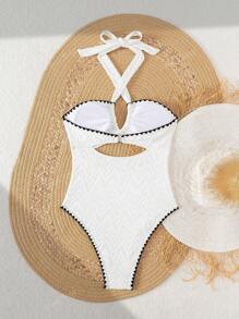 1 pezzo Costume da bagno intero con decorazione floreale bianca, scollo alla halter e incrocio davanti, adatto per l'estate e le vacanze al mare