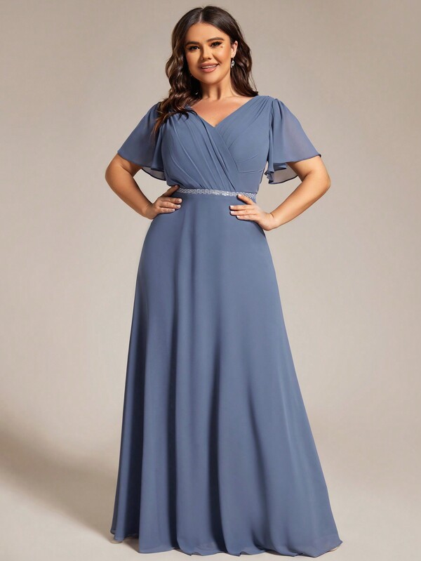 EVER-PRETTY Plus Elegant V-Neck Pleat Ruffle Sleeve Chiffon Maxi Bridesmaid Dresses For Wedding