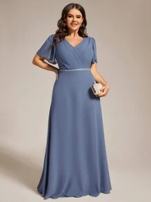 Plus Elegant V-Neck Pleat Ruffle Sleeve Chiffon Maxi Bridesmaid Dresses For Wedding - Dusty Blue - View 4