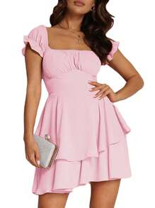 Women's Mini A-Line Dress Solid Color Ruffled Sleeves Square Neck Layered Hem Dress - Hồng - Xem 1