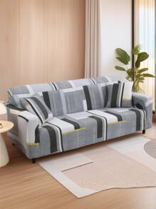 1pc Asymmetrical Color Block Patchwork Print Sofa Cover 3 Seater, All-Season Elastic Dust-Proof Sofa Protector, Suitable For Living Room Home Decor