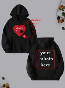 Personalized Valentine's Day Custom Text/Date/Couple's Name Commemorative Sweatshirt With Kangaroo Pocket - Black - View 1