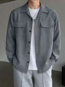 Men's Corduroy Turndown Collar Military Style Long Sleeve Shirt, Loose Fit Versatile Casual Outer Wear, Spring Autumn