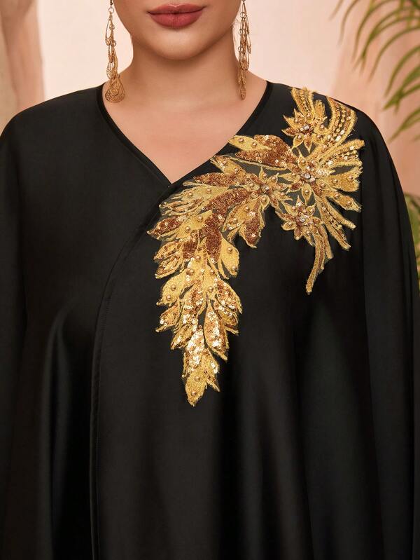 Plus Size Novo V-Neck Túnica Longa Linda, Pinos de Flores Feitos à Mão, Pérolas, Mangas de Asa de Morcego, Robe Estilo Oriente Médio