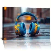 Music Headphone Pattern Canvas Art, Graffiti Headphone Design, Vibrant Colors, For Home And Game Room - Framed - View 1