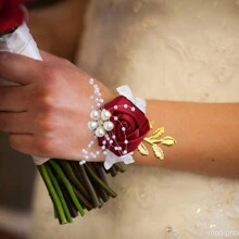 1pc Bride/Bridesmaid Burgundy Faux Rose Bead & Golden Leaf Wrist Corsage, Wedding/Party/Valentine's Day Decoration