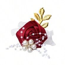 1pc Bride/Bridesmaid Burgundy Faux Rose Bead & Golden Leaf Wrist Corsage, Wedding/Party/Valentine's Day Decoration