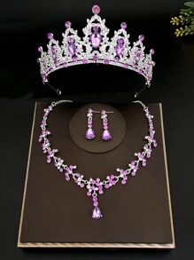 4Pcs Baroque Rhinestone Bridal Crown With Necklace Earrings Set, Fashionable Zinc Alloy Wedding Accessories, Luxurious Tiara Jewelry Set For Parties And Birthdays
