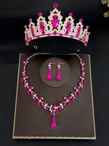 4Pcs Baroque Rhinestone Bridal Crown With Necklace Earrings Set, Fashionable Zinc Alloy Wedding Accessories, Luxurious Tiara Jewelry Set For Parties And Birthdays