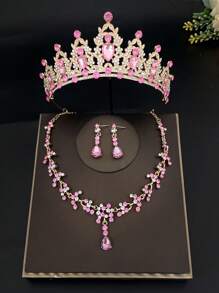 4Pcs Baroque Rhinestone Bridal Crown With Necklace Earrings Set, Fashionable Zinc Alloy Wedding Accessories, Luxurious Tiara Jewelry Set For Parties And Birthdays