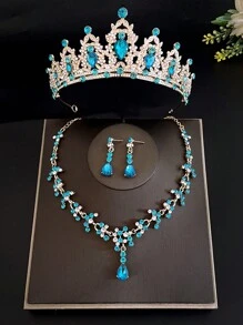 4Pcs Baroque Rhinestone Bridal Crown With Necklace Earrings Set, Fashionable Zinc Alloy Wedding Accessories, Luxurious Tiara Jewelry Set For Parties And Birthdays