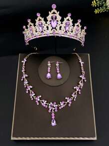 4Pcs Baroque Rhinestone Bridal Crown With Necklace Earrings Set, Fashionable Zinc Alloy Wedding Accessories, Luxurious Tiara Jewelry Set For Parties And Birthdays