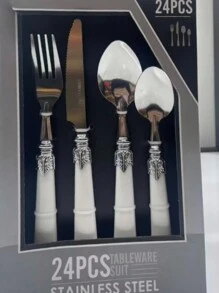 New 24 Piece Stainless Steel Cutlery Set, Bowling Handle Bamboo Handle - 白色 - 查看 1