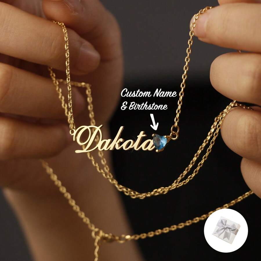 定制文字名称项链、心形诞生石项链、定制珠宝、诞生石和名称吊坠、名称项链日常时尚佩戴银、磨砂金 - 玫瑰金 - 查看 1