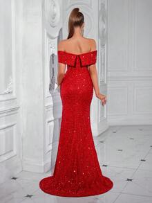 ADYCE Vestido de fiesta con hombros descubiertos, frente fruncido y abertura lateral con lentejuelas para mujer - Rojo - Ver 2