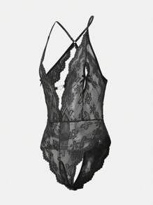 Women's Deep V-Neck Hollow Heart Floral Crotchless Lingerie Set - màu đen - Xem 8