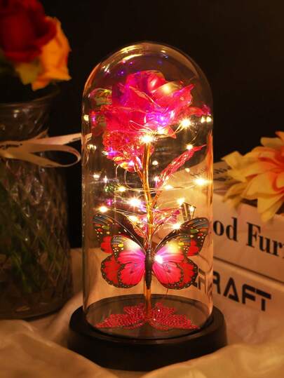 1 pieza Luz de flores de rosa preservada, Luz LED de rosa eterna con diseño de mariposa único, como regalo de San Valentín para la novia, decoración del hogar para cumpleaños y bodas (No incluye batería)