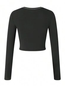 Women Short Top Shirt, Long Sleeve Patchwork Ribbed Front Button V-Neck Cropped Tops, Slim Navel Shirt - Black - View 4