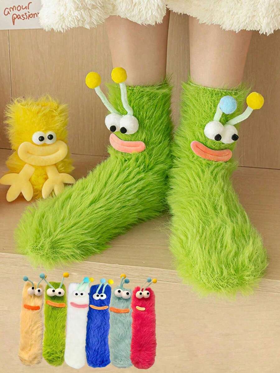 1 par de calcetines divertidos de mujer, calcetines navideños, calcetines de dibujos animados, calcetines de felpa, calcetines navideños, calcetines tubo sonrientes, calcetines de ojos grandes, calcetines lindos, calcetines cálidos