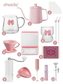 choxila V60 Pink Bow Coffee Set, Two-Cup Pour Over Coffee Maker Set, Girls Mind-Blowing Drip Coffee Set, Valentine's Day Gifts, Festival Gifts For Family And Friends, Portable Travel Coffee Accessories Tools, Included 600ml Pink Coffee Kettle With Lid And Thermometer Back To School