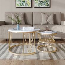 Couchtisch-Set mit 2 Stück, 70 x 45 cm, 45 x 40 cm, runder Tisch, seitlich am Sofa eingelassener runder Couchtisch, Weihnachts-Wohnzimmertisch, MDF-Tischplatte und Metallbeinrahmen - Gold - Übersicht 2