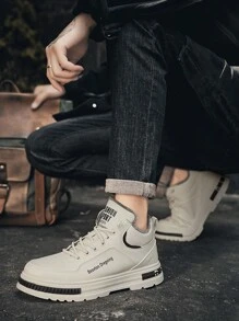 Men's High-Top Motorcycle Boots, Beige & White, Lace-Up, Waterproof, Anti-Slip & Wear-Resistant, Suitable For Outdoor Activities, Hiking, Vintage British Style Boots, Snow Boots - Beige - View 6