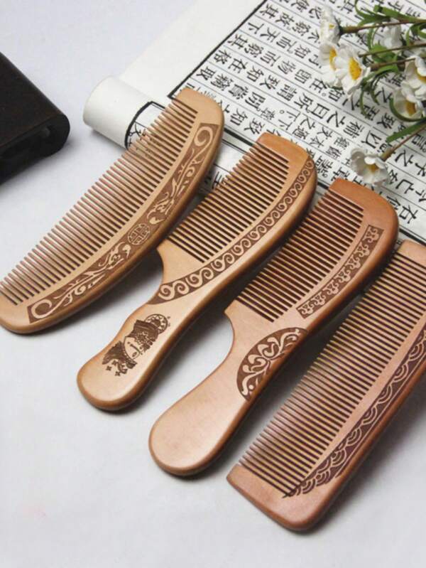 1pc Carved Peach Wood Comb Thickened Wooden Comb Curling Comb Massage Comb Anti-Static Sandalwood Hairdressing Comb Tool, Hair Brush, Comb, Hair Tools, Hair Products And Accessories For Barber Salon Beauty Travel Essentials