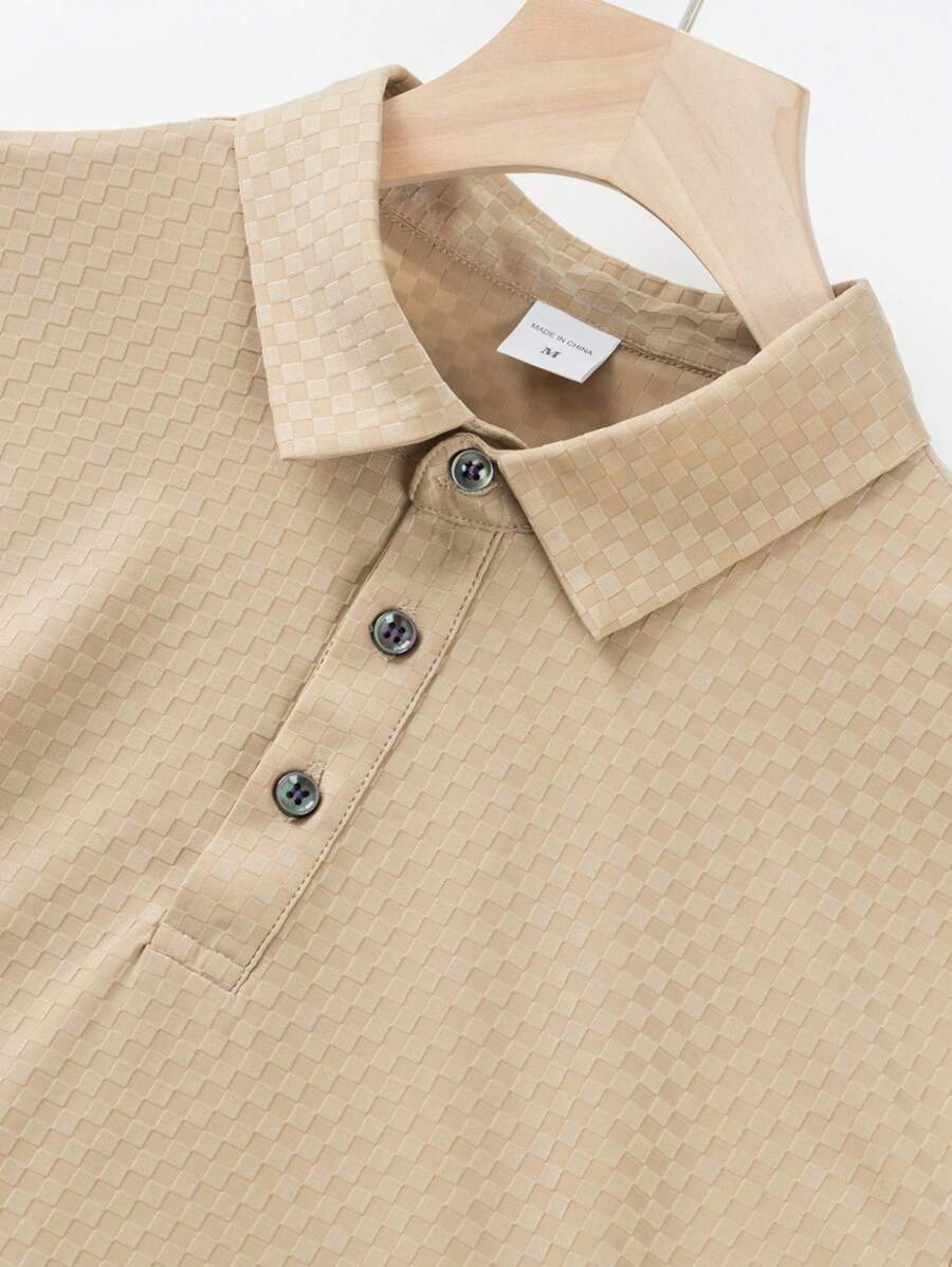 1pc Men's Fashion Casual Business Polo Shirt | High-End Solid Color Jacquard T-Shirt | Essential Golf Polo Shirt | Breathable | For Indoor Gatherings And Outdoor Activities Suitable For Spring - Khaki - View 1