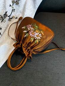 1个复古刺绣抽绳水桶包，花卉图案，女士时尚手提包兼零钱包，缎面托特包，汉服配饰，女孩礼物，多种颜色可选 - 彩色 - 查看 3