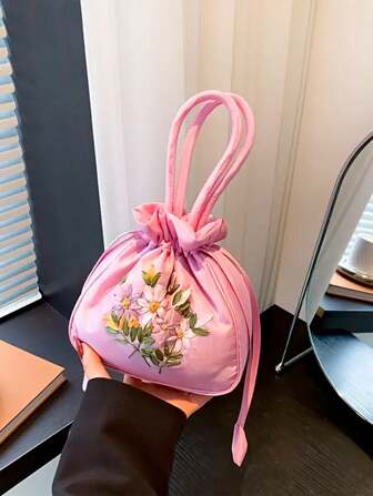 1 件复古刺绣抽绳包，花朵图案水桶包，女士时尚手提包和零钱包，缎面手提包，汉服配饰，女孩礼物，多种颜色可选