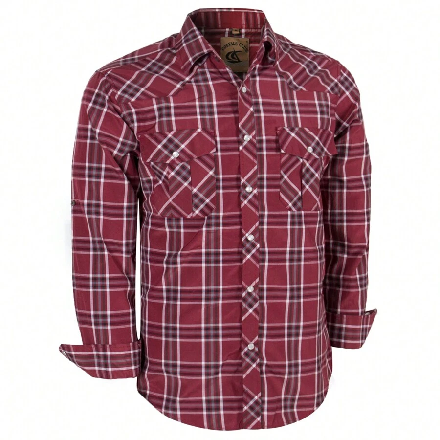 Men's Western Cowboy Pearl Snap Plaid Button Up Casual Long Sleeve Two Pockets Work Shirts - 8 Red White - 查看 1
