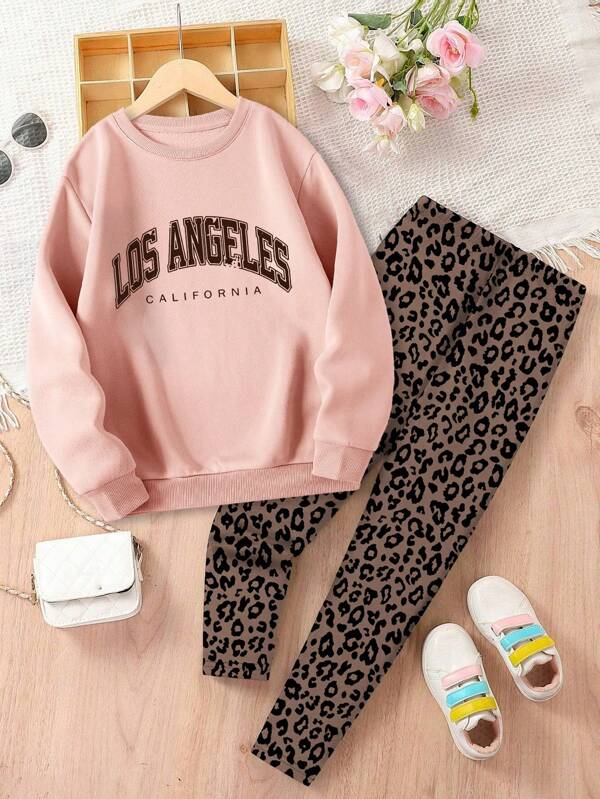 Conjunto de roupa casual para meninas adolescentes com texto em inglês e estampa gráfica, moletom solto e calças com estampa de leopardo