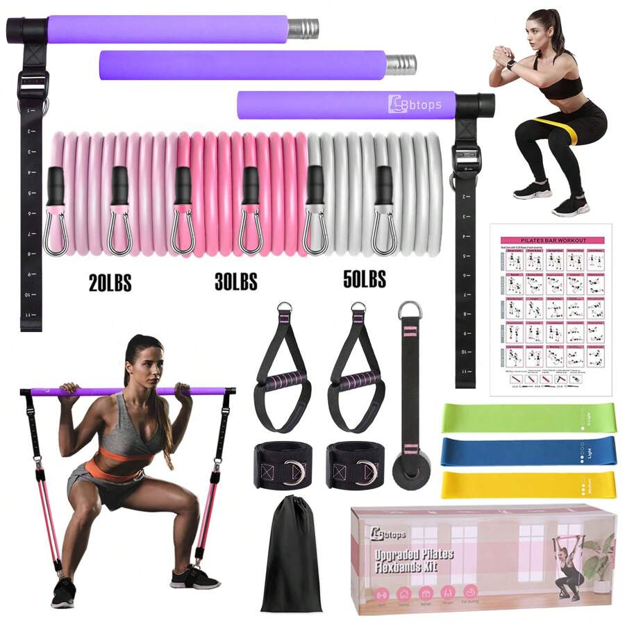Pilates Bar Kit With 6x Resistance Bands (20lbs/30lbs/50lbs) And 3x Exercise Bands, Upgraded Multifunctional Screw Yoga Pilates Bar Home Gym For Women Full Body Workout Equipment - Màu tím - Xem 1