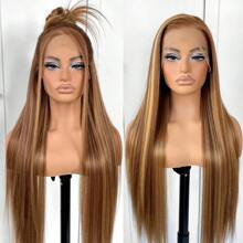 Honey Blonde13x4 Long Straight Lace Front Wigs Natural Gold Highlight Straight Hair Lace Front Wig Pre Plucked Yaki Synthetic Lace Front Wig 28inch - Blonde Highlight - View 2