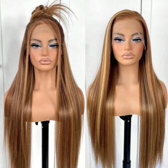 Honungblond13x4 lång rak spets främre peruk Naturligt guld Highlight rakt hår Spets främre peruk Förplockad Yaki syntetisk spets främre peruk 28 tum