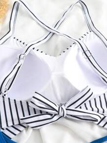 Costume da bagno intero sexy con schiena scoperta e lacci regolabili, patchwork a righe e tinta unita, effetto snellente, design traforato, per l estate