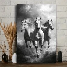 1 Pc Black And White Horse Wooden Framed  Canvas Painting Thickness 2.25cm/0.9inch High Quality Wall Art Prints Poster Direct Hanging Wall Picture Decor For Home Gifts, Christmas Gift,Living Room, Bathroom, Bedroom, Kitchen
