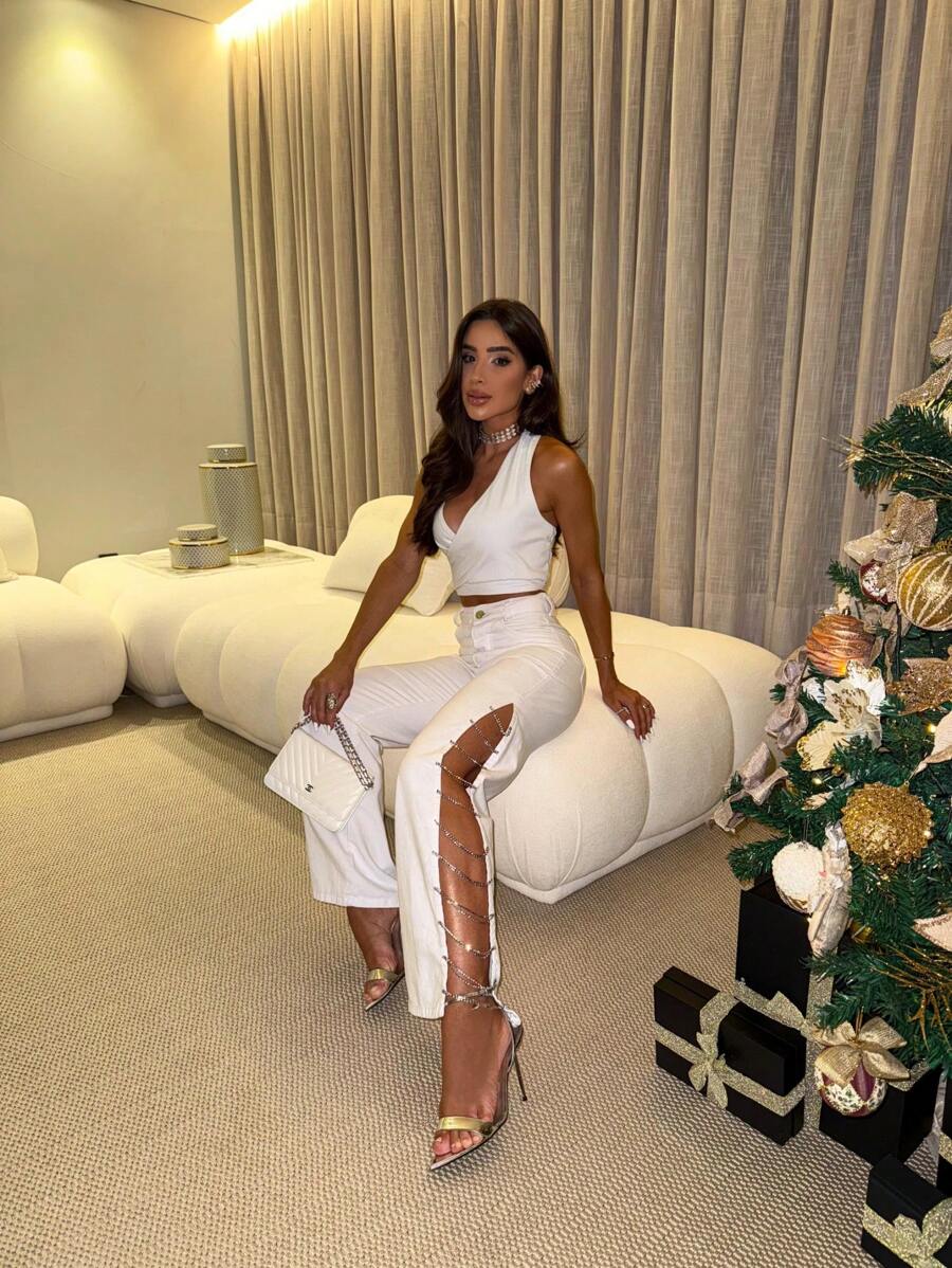 Calça Branca Com Corrente - Branco - Visão 1