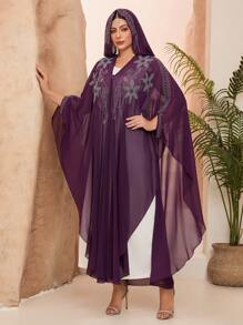 New V-Neck Rhinestone Embellished Purple Chiffon Long Robe (No Inner Lining) - Purple - View 4