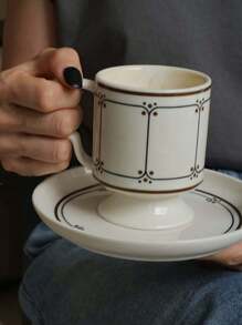 1 套复古棕色线条陶瓷杯碟，复古咖啡杯盘套装，早餐杯，下午茶杯，小吃盘，送给朋友的高端礼物，适合家庭，餐厅，咖啡厅返校 - 棕色 - 查看 4