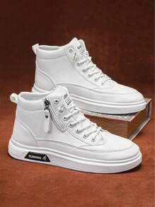 Herenmode High-Top Skateschoenen, Casual Sport Enkellaarsjes, Effen Kleur Minimalistisch, Vetersluiting Rits Decor, Ronde Neus, Geschikt Voor Dagelijks Buiten Wandelen